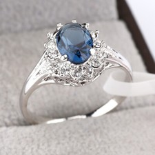 Anillo solitario R637 zafiro azul simulado 18 kgp circonita cúbica cristal talla M - S Sapphire Anillo price