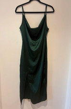 Vestido PrettyLittleThing Verde Satén Capucha Cuello Sin Mangas Dividido Noche Boda Talla 10 Slip Vestido price