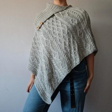 Poncho británico 100% lana Aran cable tejido capa dinero antiguo cabaña cuello alto Poncho price