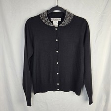 Cárdigan Suéter Negro Para Mujer Pequeño De Colección JH Collectibles Lana De Cordero Cuello Perla Pearl Collar price