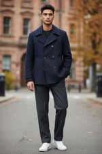 Abrigo corto hombre chaqueta de lana azul marino clásico talla L dos filas Abrigo de hombre price