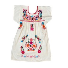 Vestido Puebla Mexicano Niños Floral Bordado Blanco Boho Folk Túnica Manga Corta Tunic de niña price