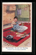 Postal de artista T. Gilson: War Economy, niño y perro lavan una camisa T- Camisa de niño price