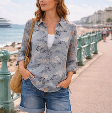 Camisa Popover White Stuff Reino Unido 8 Gris Estampado Mariposa Verano Playa Informal Blusa price