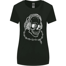 Música Un Cráneo Usando Auriculares Camiseta De Corte Más Amplio Auriculares de mujer price