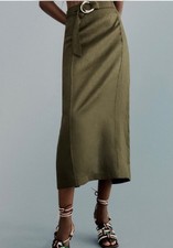 Falda lápiz ZARA verde caqui lino medio forrada con cinturón talla XS Falda price