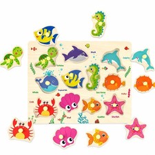 Rompecabezas educativo Montessori de madera con clavija de animales marinos juguete de madera para niños pequeños 18M+ Wooden Juguetes price