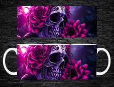 Taza Calavera Azúcar 11oz Púrpura Rosa Floral Gótico Día de Muertos Arte Taza de Café Mug price