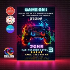 Plantilla Editable para Juegos Fiesta Subir de Nivel, Controlador de Juego de Neón Invitación de Fiesta Gaming Productos price