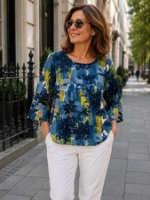 Blusa túnica Braintree UK M azul abstracto floral 100 % Tencel Lyocell manga 3/4 Tunic price