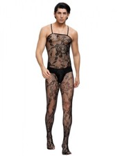 Hombre Mono Cuerpo Stocking Encaje Transparencia Lencería Negro Tirantes S/M/L Cuerpo Stocking price