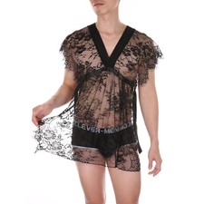 Hombres Sissy Bata de Encaje Sexy Cuello en V Sin Mangas Prendas para Dormir Albornoces Baño Ver a Través Albornoz price