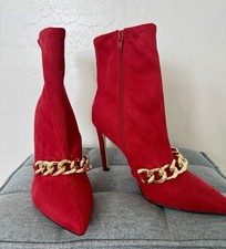 Botín al tobillo Nine West rojo imitación gamuza punta cremallera cadena acento 8M Botas de mujer price