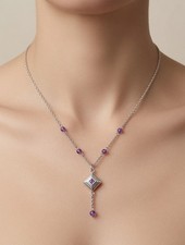 925 Sterling Silver Amethyst Drop Necklace Geometric Rhombus Pendant Chain Swarovski Kolye price