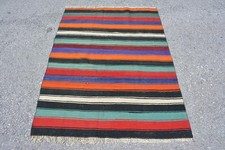 Alfombra Kilim vintage de 3,8 x 4,9 pies, alfombra turca de lana a rayas roja... Kilim price