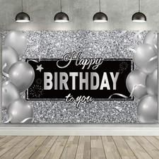 Banner feliz cumpleaños negro y plata decoración fiesta fondo para fotos 72x43in Cumpleaños y fiesta price