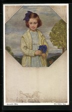 Postal de artista Corneille Max: un día fresco, niña con cárdigan y genciana Cárdigan de niña price