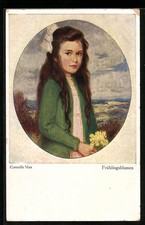 Postal de artista Corneille Max: flores de primavera, niña con cárdigan verde y Cárdigan de niña price
