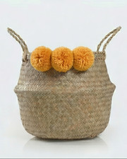 Cesta de almacenamiento de pastos marinos tejida a mano Boho Granja Bin Tote Mostaza Pom Pom Cesta price