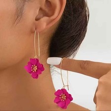 Pendientes De Fantasía De Acero Dorado, Aros Ovalados, Flor Rosa Suspendida Pendientes de fantasía price