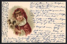 Litografía Niño con abrigo rojo con un cachorro de perro Abrigo de niño price