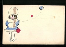 Postal de artista pintada a mano: niño con abrigo de invierno azul con globo Abrigo de niño price