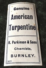 Parkinson Burnley Etiqueta Vintage American Turpentine. Turpentine price