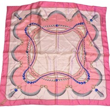 "Bufanda de seda Must de Cartier Paris 33"" rosa azul estampado de joyas vintage Francia" Bufanda price
