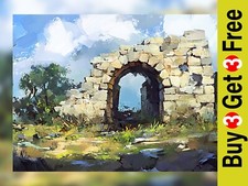 Impresión de pintura de arco de piedra antiguo de 5"x7" sobre papel mate | Paisaje de ruinas rústicas Natural Stone Wall Arte price