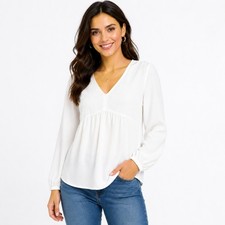 bonprix Blouse Femme Col V Manches Longues Volants Jersey Blanc Neu Bureau Jersey femme price
