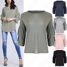 NOUVEAUX HAUTS À MANCHES VOLANTES POUR FEMMES ASPECT SUPERPOSÉ À VOLANTS BRAS JERSEY HAUT UNI Arm Sleeves femme price