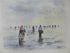 Aquarelle originale signée paysage marin océan " Vers la pêche à pied" Peinture aquarelle price