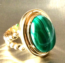 Grosse Bague Cocktail T 59 Argent Massif Vermeil-Cabochon Malachite et Plaqué Or Or bague price