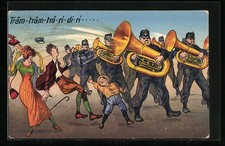 Défilé de soldats avec instruments à vent, blague, carte postale 1918 Instruments à vent price