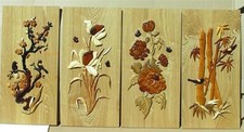 SET OF 4 BEAUTIFUL FLOWER  WALL HANGING HANDCARVED INTARSIA WOOD ART HOME DECOR Wooden mur Art price