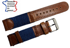Bracelet montre;18mm;BLEU;TISSU épaulé CUIR MARRON,SURPIQUE et doublé CUIR / 004 Montre et bracelet accessoire price