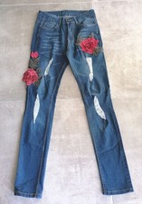 Jean femme slim taille S bleu avec effet lacéré et roses brodées Pantalons femme price