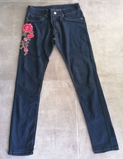 Jean femme slim taille 0 L bleu avec roses brodées Pantalons femme price