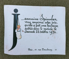 FAIRE-PART DE NAISSANCE 1932 - PARIS 41 RUE BEAUBOURG - JEANNINE SPINNLER Faire-part price