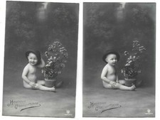 2 belles CPA carte postale ancienne  bébé au chapeau melon heureux anniversaire Bébé chapeau price
