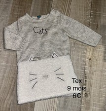 Tex 9 MOIS bébé fille  : ROBE pull grise motif chat tbe Bébé pull price