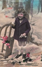 CP BONNE ANNEE PETITE FILLE MANTEAU GANTS LUGE ROSES - TIMBRE DECOLLE - 70591 Manteau fille price