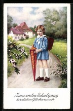 Petite fille en robe bleue avec sac à sucre, rentrée scolaire, carte postale Sac scolaire price