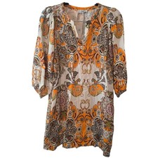 Abito grande Le Ragazze Italia misto lino paisley medaglione scollo a V arancione marrone Tunic Ragazza price