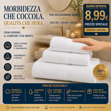 Tris Asciugamani Bagno 3 Pezzi 100% Cotone 85x135 + 50x90 + 30x50 Set Spugna Set bagno price