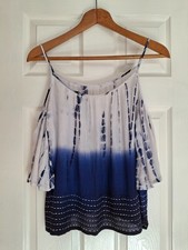 Cami top blu bianco tinta unita spalle fredde boho shibori spiaggia festival estate Blusa price