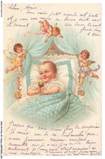 AXDP4-0273-FESTA E AUGURI - Un Bebè Sul Suo Letto Circondato Da Piccole Angeli Letto Bebè price