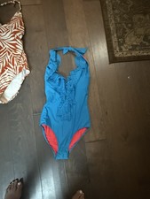 Jessica Simpson costume da bagno donna pezzo unico blu con fodera corallo volant scollo a V M Swimsuit price