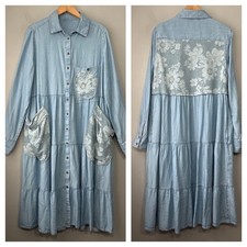 Abito Camicia Upcycled Taglia M L Blu Artistico Denim Lagenlook Modest Country Cottage Modest Abbigliamento price