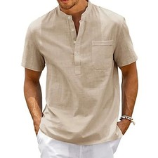 Camicia Lino Uomo Cotone Henley Manica Corta Estiva Casual Maglia uomo elegante Camicia Uomo price